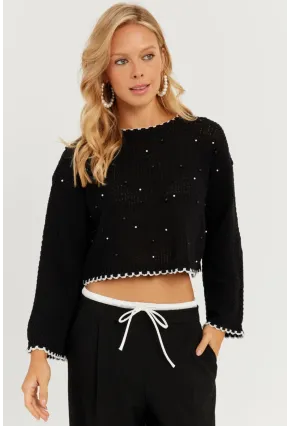 Kadın Siyah İncili Triko Bluz MİW7561