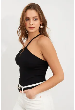 Kadın Siyah İp Askılı Çıtçıtlı Body ZH014