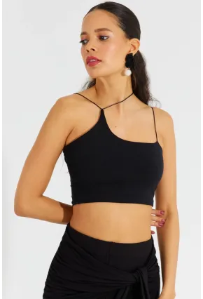 Kadın Siyah İp Askılı Crop Bluz B2594