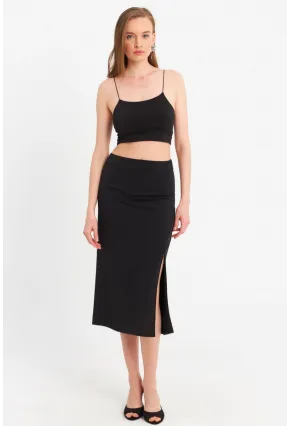 Kadın Siyah İp Askılı Crop Etek Takım MRS10004-1