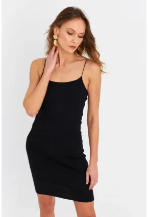 Kadın Siyah İp Askılı Kaşkorse Midi Elbise RSP248