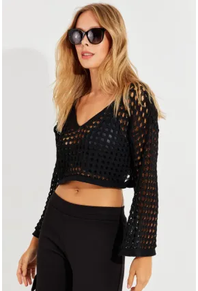 Kadın Siyah İspanyol Kol Ajurlu Triko Bluz YV203