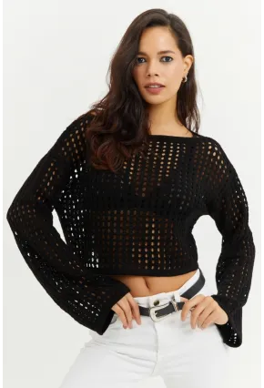 Kadın Siyah İspanyol Kol Ajurlu Triko Kısa Bluz SMT181