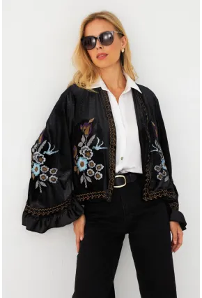 Kadın Siyah İspanyol Kol Nakışlı Kadife Simli Ceket QS5577
