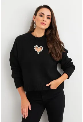 Kadın Siyah Kalp Pencereli Kazak TEM101