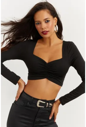 Kadın Siyah Kalp Yaka Crop Bluz CG260