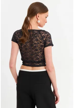 Kadın Siyah Kalp Yaka Tül Crop Bluz TPG05