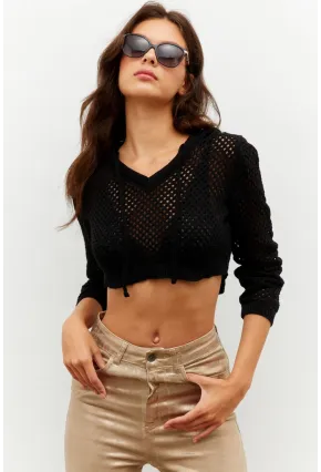 Kadın Siyah Kapüşonlu File Kısa Bluz YV153