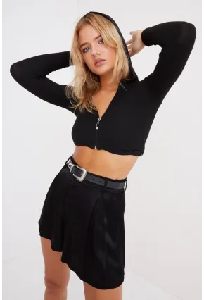 Kadın Siyah Kapüşonlu Kısa Kaşkorse Bluz EY1032
