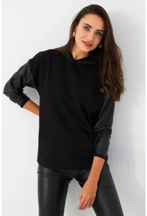 Kadın Siyah Kapüşonlu Sıvama Detaylı Sweatshirt TF37