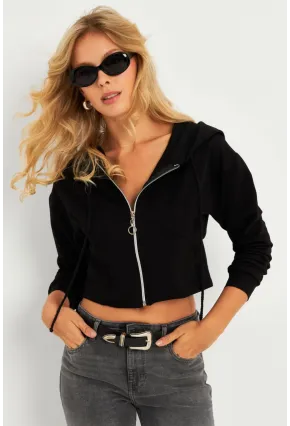 Kadın Siyah Kapüşonlu Sweatshirt TF07