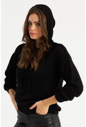 Kadın Siyah Kapüşonlu Triko Bluz SMT2419