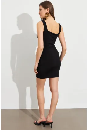 Kadın Siyah Kare Yaka Büzgülü Mini Elbise FRY2308