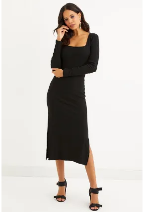 Kadın Siyah Kare Yaka Çift Yırtmaçlı Midi Elbise Yİ2360