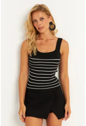 Kadın Siyah Kare Yaka Çizgili Triko Bluz KAZ15