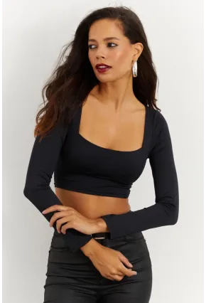 Kadın Siyah Kare Yaka Crop Bluz CG263