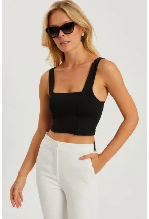 Kadın Siyah Kare Yaka Crop Bluz CG348