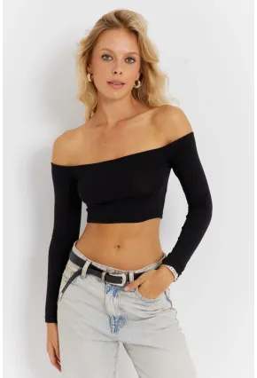 Kadın Siyah Kare Yaka Crop Bluz CG364