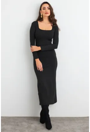 Kadın Siyah Kare Yaka Midi Elbise XC8102