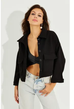 Kadın Siyah Kaşe Cepli Kısa Ceket PP2444
