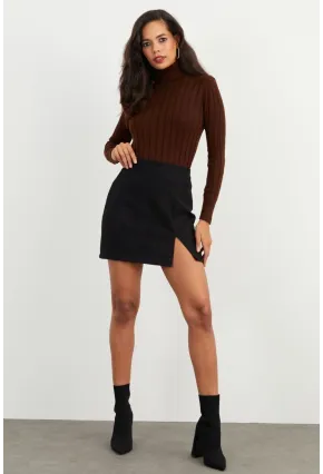 Kadın Siyah Kaşe Mini Etek KN55