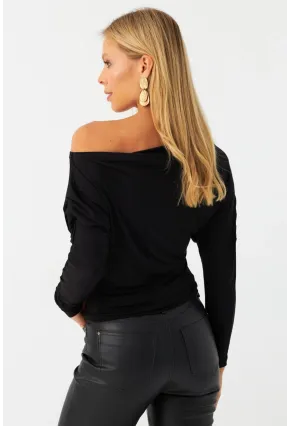 Kadın Siyah Kayık Yaka Bluz DMR382-1