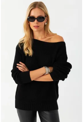 Kadın Siyah Kayık Yaka Kazak AYD392