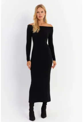 Kadın Siyah Kayık Yaka Maxi Yılbaşı Elbise HOR03