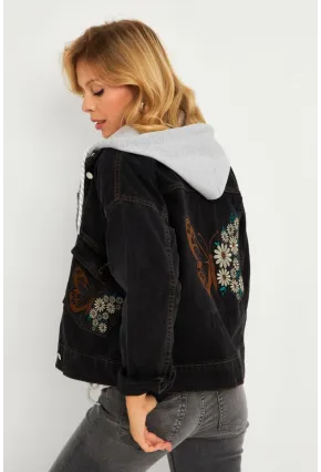 Kadın Siyah Kelebek Nakışlı Kapüşonlu Kot Ceket İS423