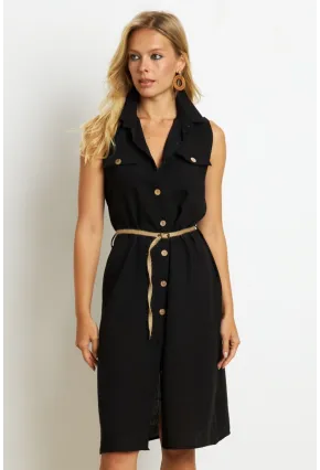 Kadın Siyah Kemerli Gömlek Midi Elbise SGT404