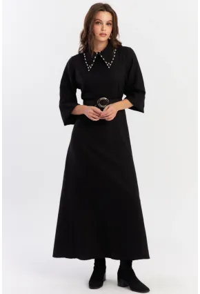 Kadın Siyah Kemerli İncili Maxi Elbise ALZ341