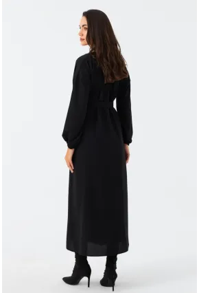 Kadın Siyah Kemerli Maxi Gömlek Elbise MASF17