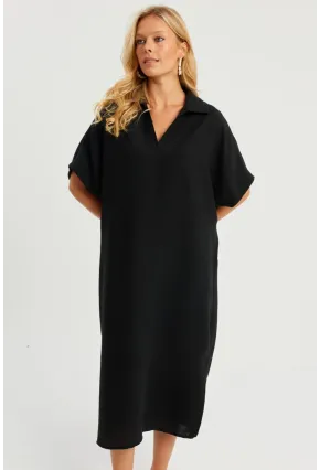 Kadın Siyah Keten Midi Elbise DMR85