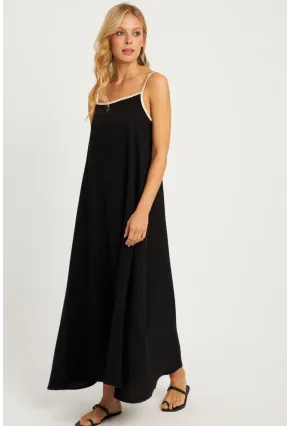 Kadın Siyah Keten Midi Elbise GÇ174