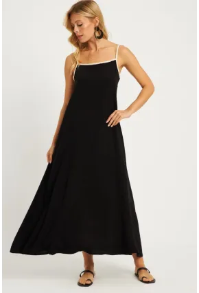 Kadın Siyah Keten Midi Elbise GÇ174