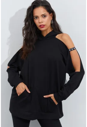 Kadın Siyah Kolları Açık Kapüşonlu Sweatshirt Yİ2356
