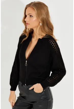 Kadın Siyah Kolları Ajurlu Fermuarlı Triko Ceket KZ2491