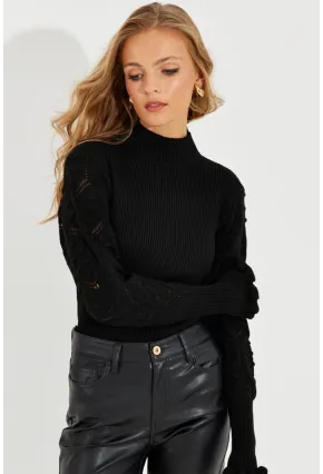 Kadın Siyah Kolları Ajurlu Triko Bluz SMT218