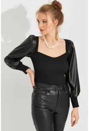 Kadın Siyah Kolları Deri Kaşkorse Bluz Yİ2494