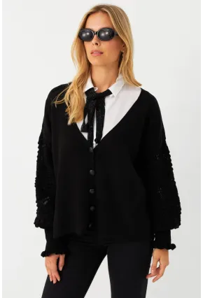 Kadın Siyah Kolları Örme Hırka MSE800