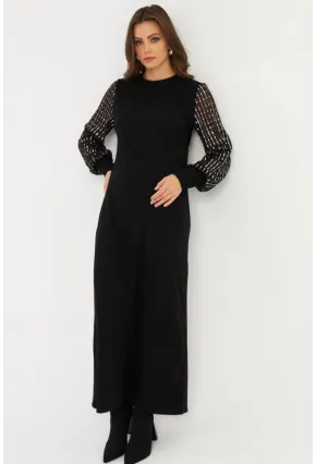 Kadın Siyah Kolları Parlak Tül Detaylı Maxi Elbise MBK56
