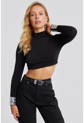 Kadın Siyah Kolları Taşlı Crop Bluz MEN2023