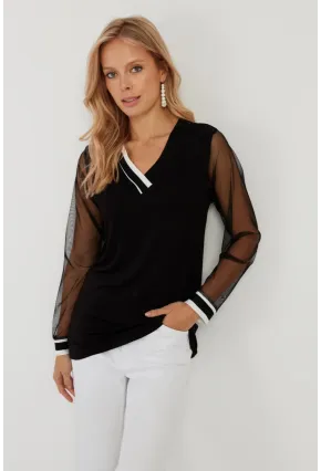 Kadın Siyah Kolları Tül Bluz ST832