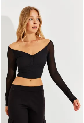 Kadın Siyah Kolları Tül Crop Bluz CG315