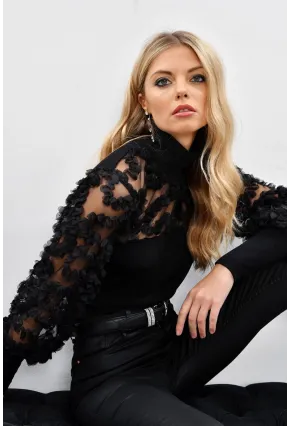 Kadın Siyah Kolları Tül Fırfır Aksesuarlı Bluz BK894