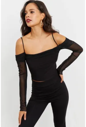 Kadın Siyah Kolları Tül Madonna Yaka Crop Bluz B1927