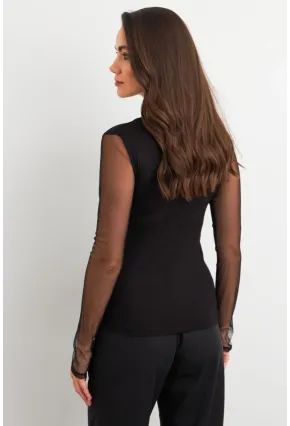 Kadın Siyah Kolları Tül Pencereli Bluz EY3021