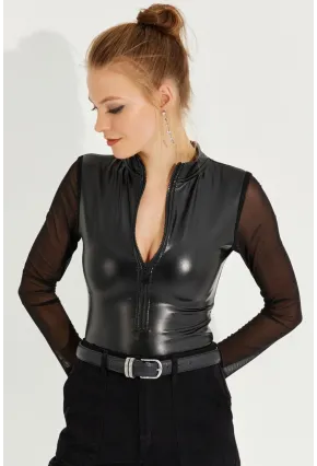 Kadın Siyah Kolları Tül Suni Deri Body NH74
