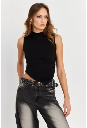 Kadın Siyah Kolsuz Crop Bluz ZH07