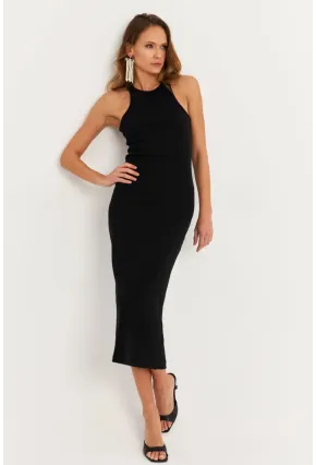 Kadın Siyah Kolsuz Kaşkorse Midi Elbise EY3049